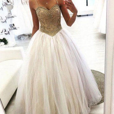 Spaghetti straps tulle prom dresses with gold beaded - Thumbnail 3