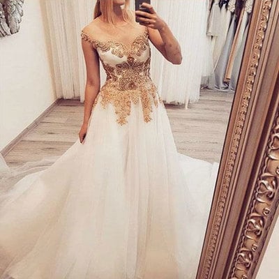 Sheer neck white prom dresses with appliques - Thumbnail 5