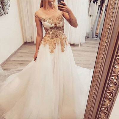 Sheer Neck White Prom Dresses with Appliques
