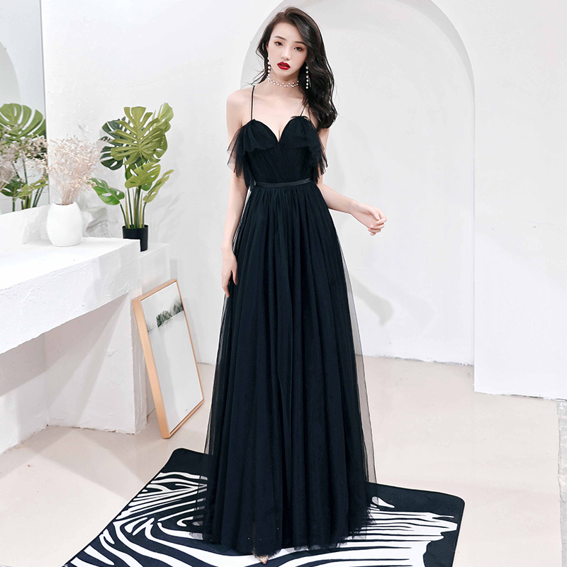 Simple black v neck tulle long prom dress, black evening dress