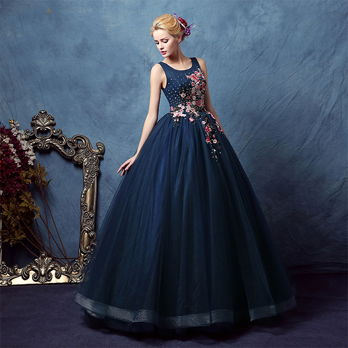 Dark blue tulle applique long prom dress, evening dress