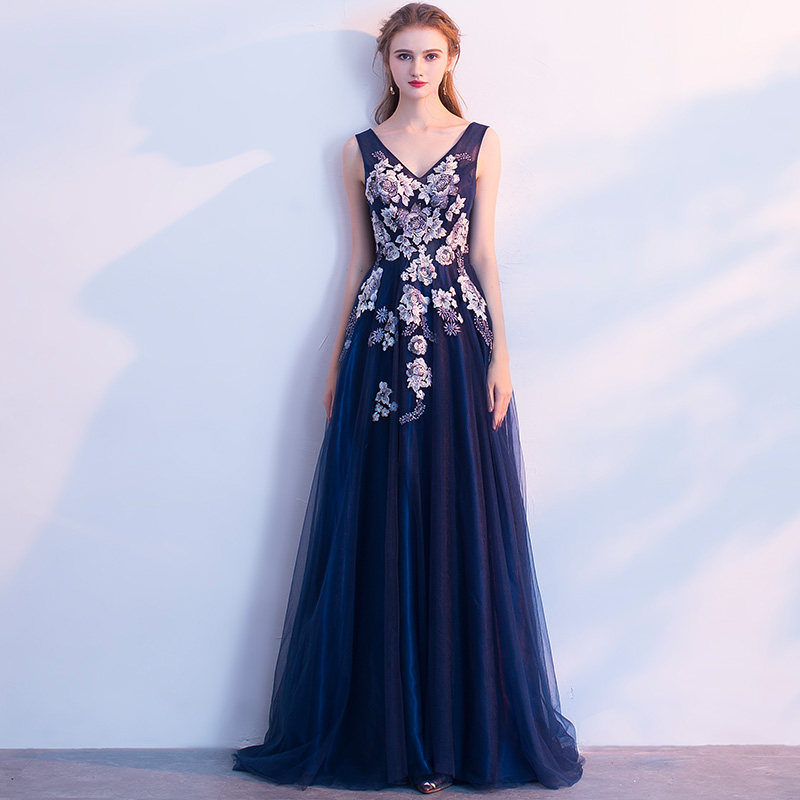 Dark blue v neck tulle applique long prom dress, formal dress