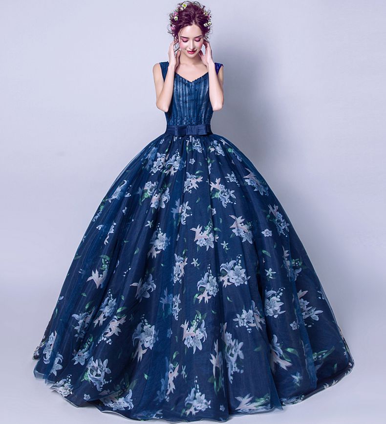 Dark blue v neck floral pattern long prom dress, evening dress