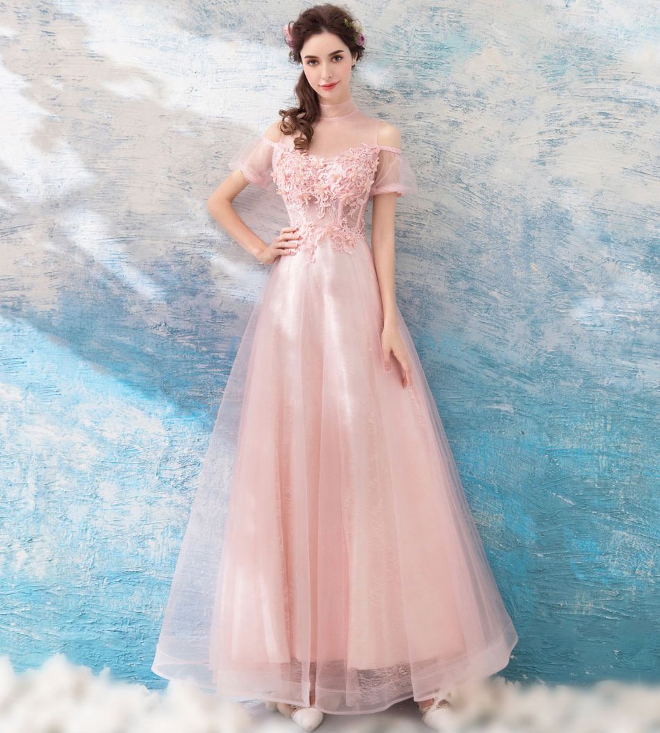 Pink round neck tulle lace long prom dress, princess dress
