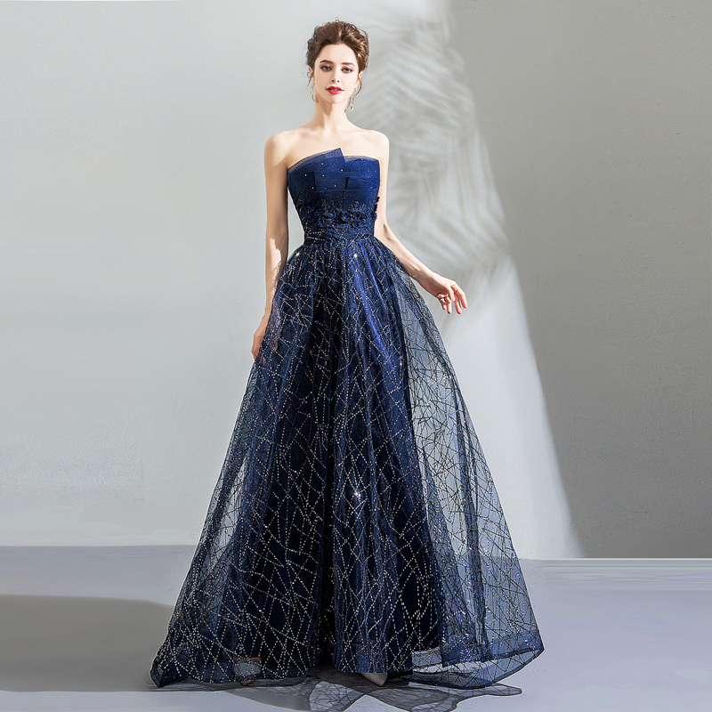 Dark blue tulle sequins long prom dress, evening dress