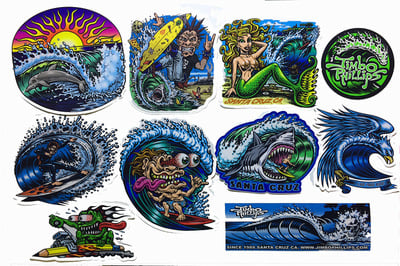 SURFS UP! STICKER PACK of 10 full color shaped vinyl stickers WITH EXTRAS