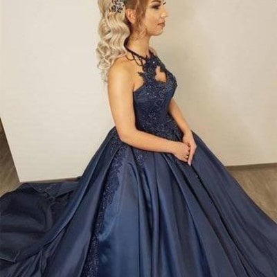 Halter navy blue long prom dresses with appliques - Thumbnail 3