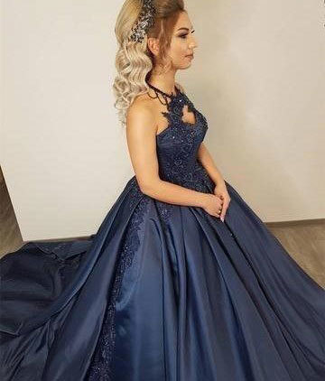 Halter Navy Blue Long Prom Dresses with Appliques