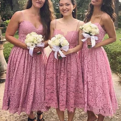 Tea length spaghetti straps lace bridesmaid dresses - Thumbnail 4
