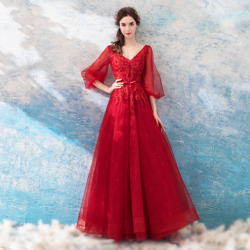 Red v neck tulle lace long prom dress, red evening dress