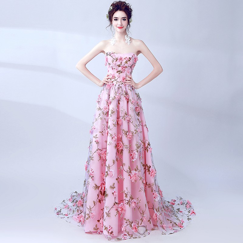 Pink sweetheart neck applique long prom dress, evening dress