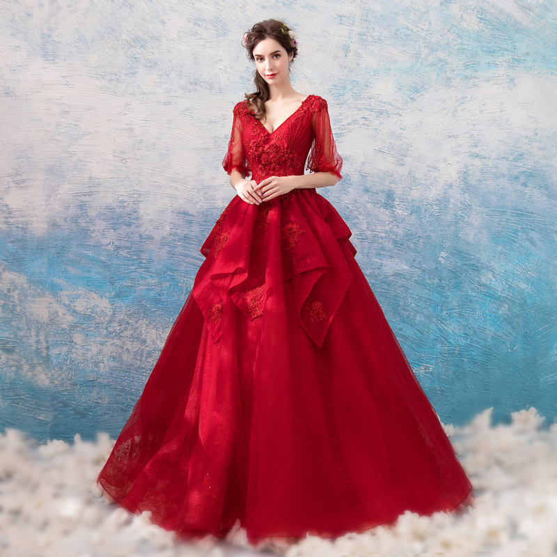 Red v neck tulle lace long prom dress, formal dress