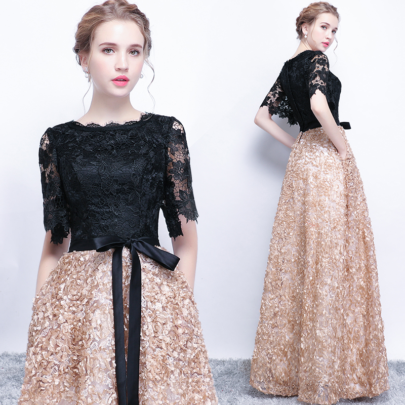 Black lace long prom dress, evening dress