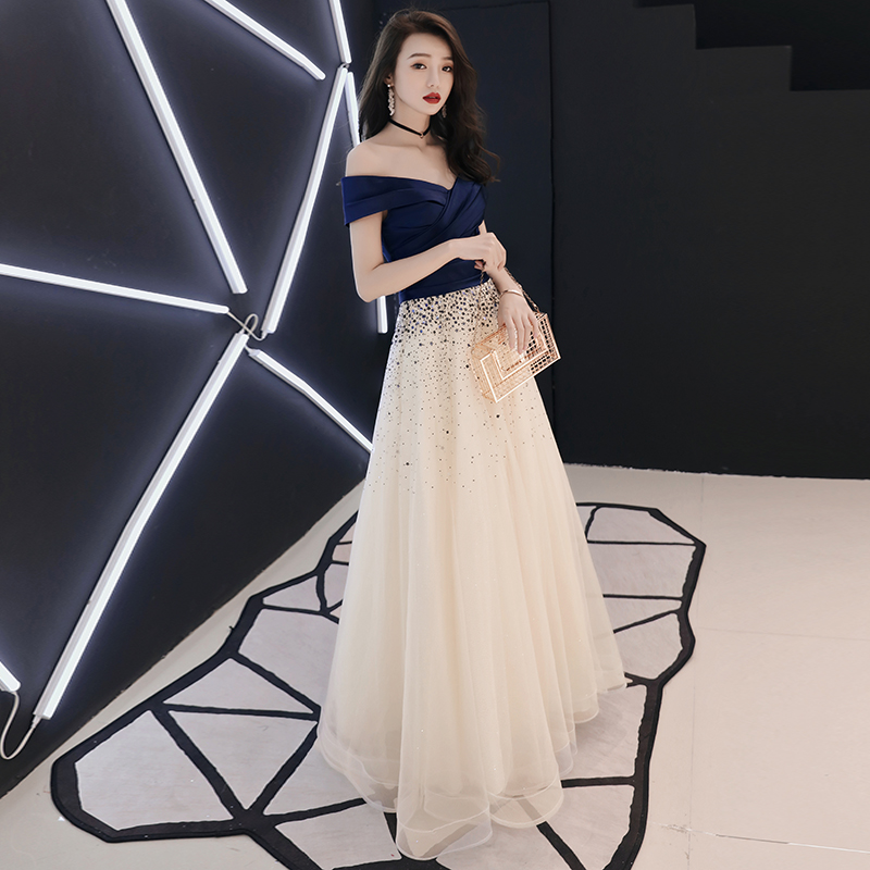 Dark blue v neck off shoulder long prom dress, evening dress