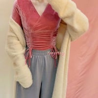 Retro V-neck Lace up Velvet Top - Thumbnail 3