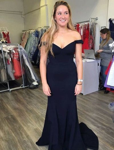 Dark Navy Off the Shoulder Mermaid Prom Dresses