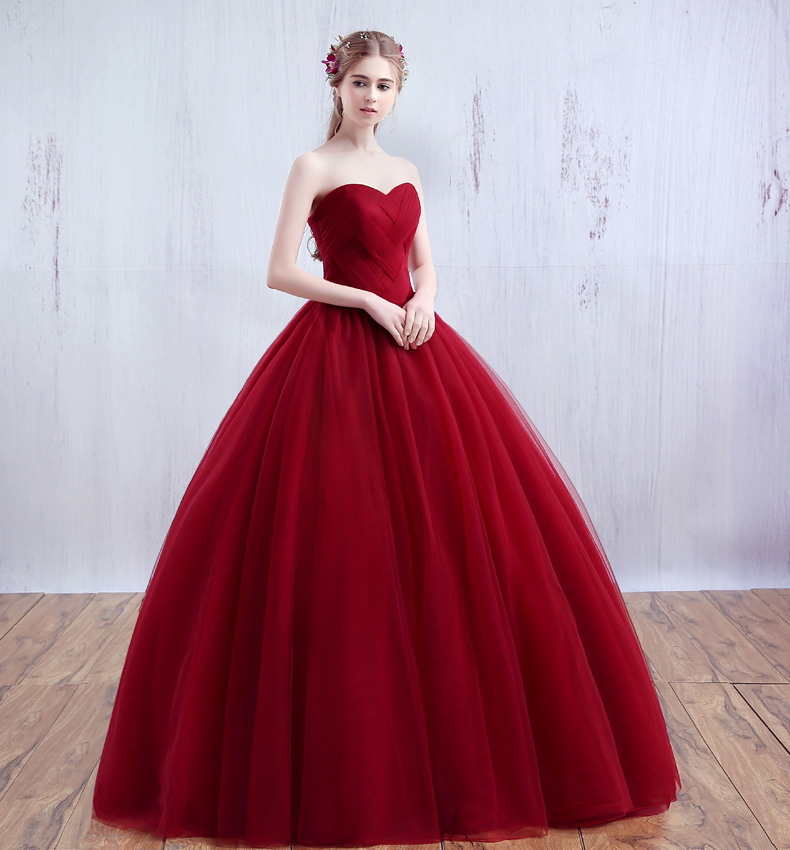 Burgundy tulle sweetheart neck long prom gown, evening dress