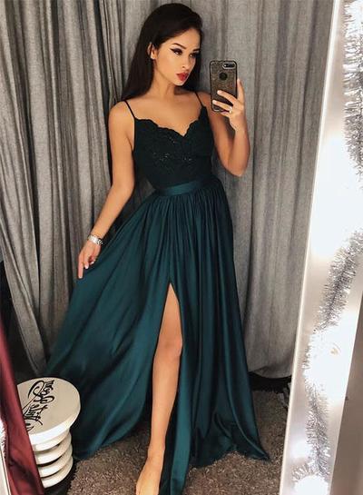 Dark green v neck long prom dress, lace evening dress