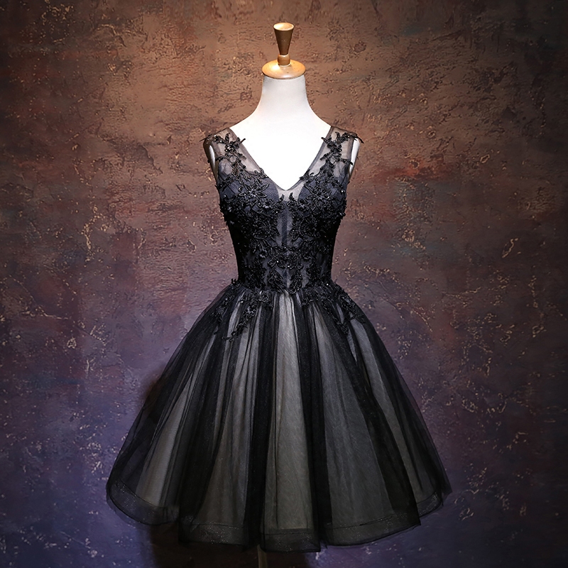 Black v neck tulle lace short prom dress, evening dress