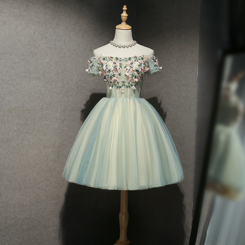 Cute green tulle applique short prom dress, homecoming dress