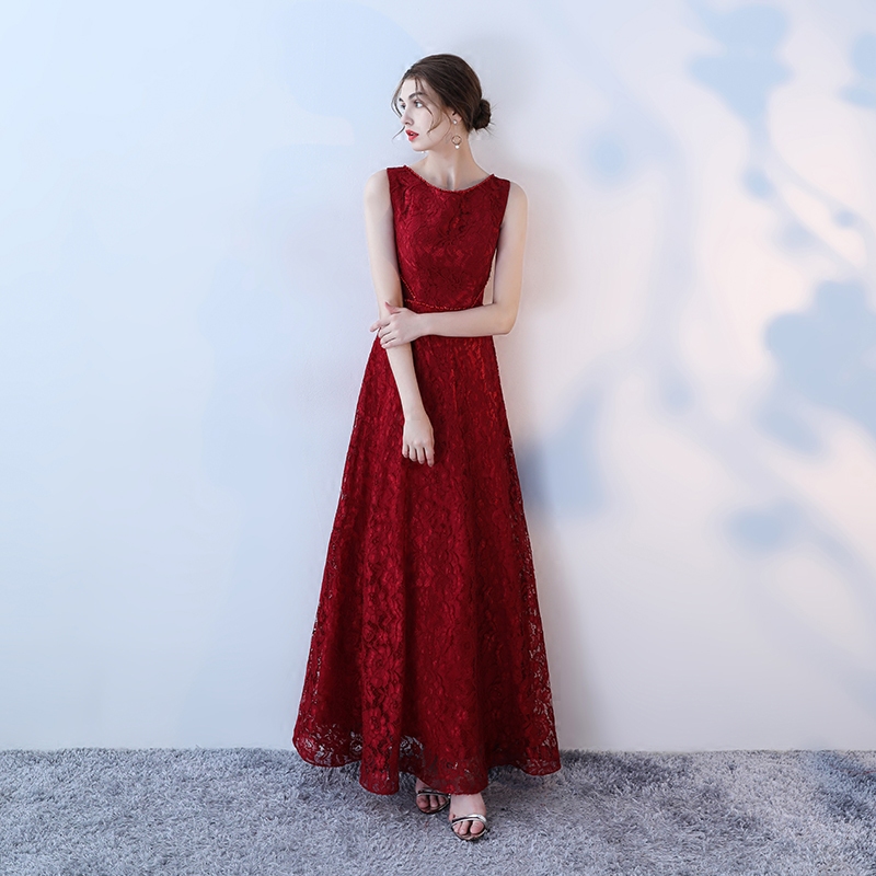Simple burgundy lace long prom dress, evening dress