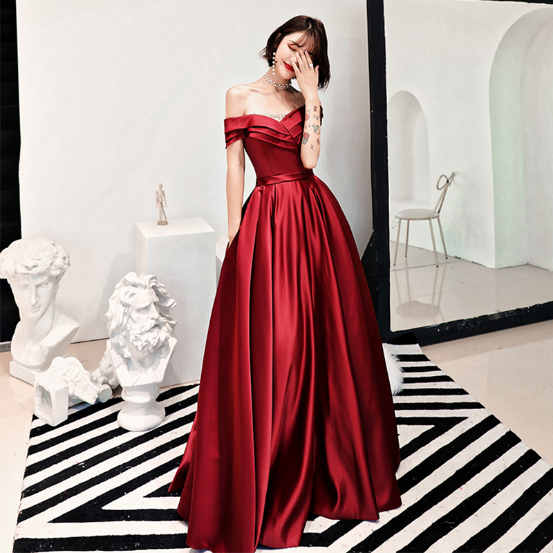 Burgundy v neck satin long prom dress, evening dress