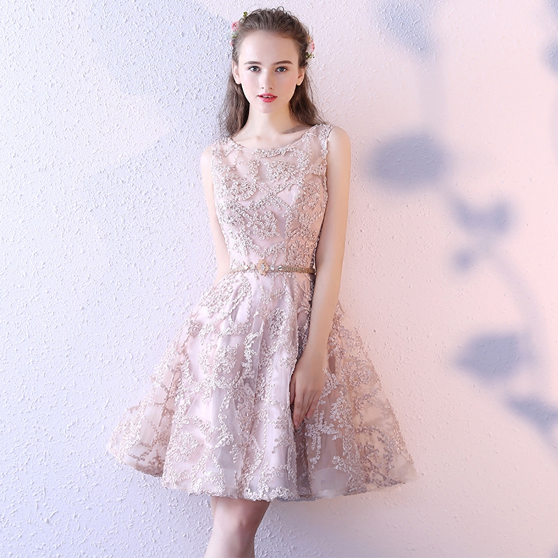 Cute champagne round neck short prom dress, homecoming dress