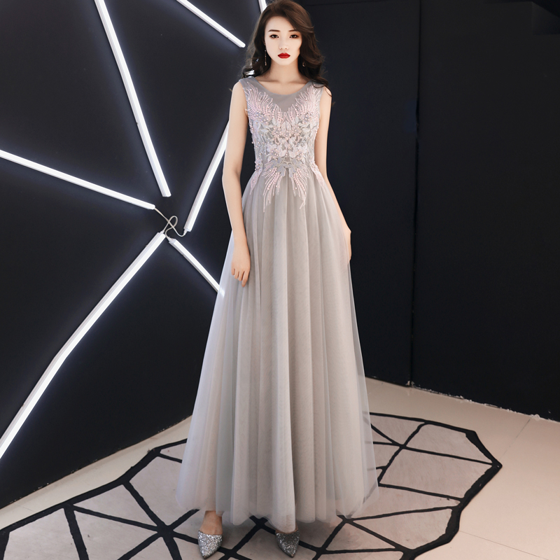 Gray round neck tulle lace long prom dress, evening dress