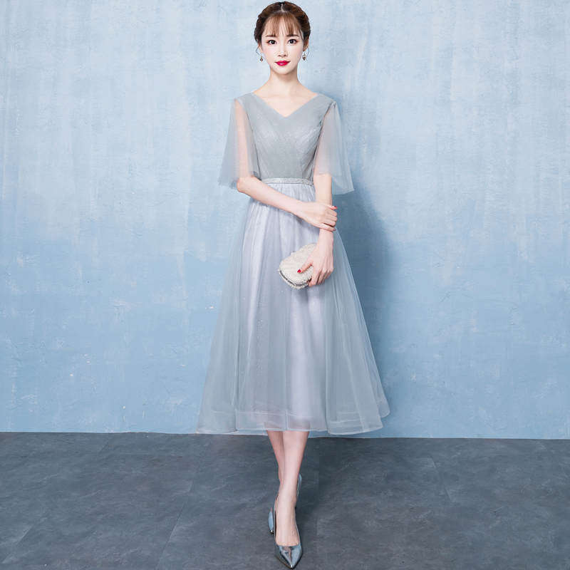 Gray v neck tulle short prom dress, gray evening dress