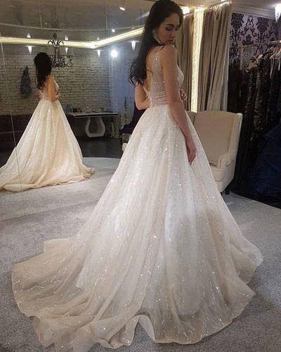 Sparkly V Neck Long Wedding Dresses Bridal Gowns