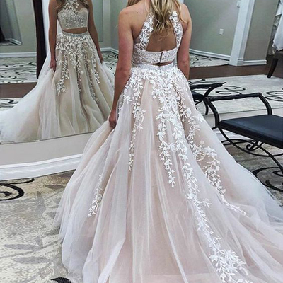 Ball gown halter white lace two piece prom dresses - Thumbnail 3