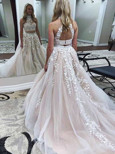 Ball Gown Halter White Lace Two Piece Prom Dresses