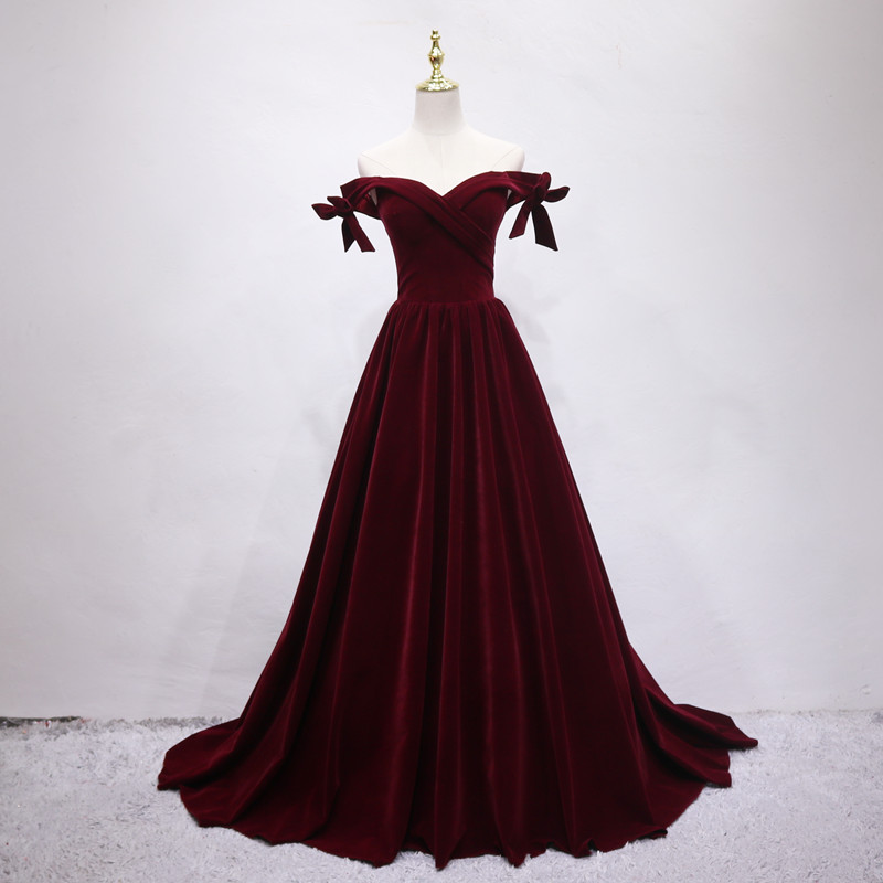 Elegant burgundy velvet long prom dress, evening dress