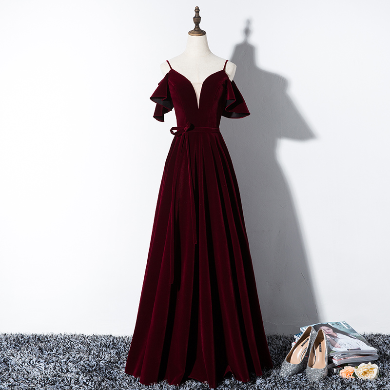 Burgundy velvet long prom dress, burgundy evening dress