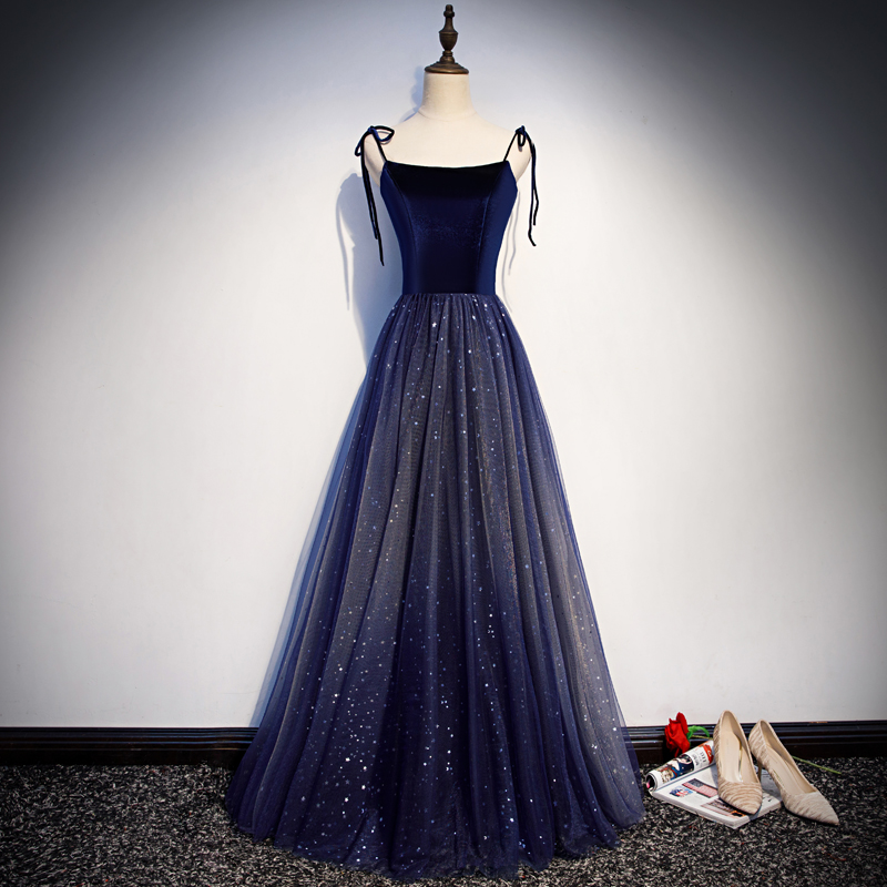 Elegant blue velvet tulle long prom dress, evening dress
