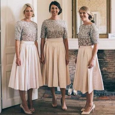 Two Piece Ankle Length Bridesmaid Desses with Half Sleeves