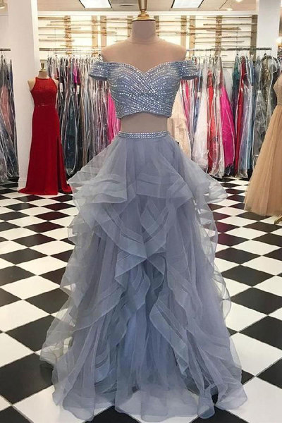 Two Piece Off the Shoulder Prom Dresses with Beaded
