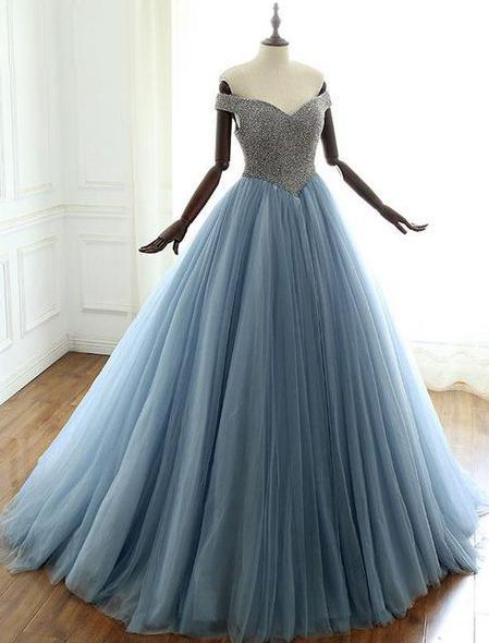 Blue v neck beads long prom dress, blue evening dress