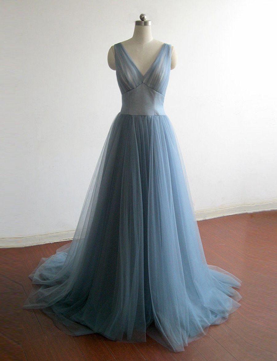 Blue v neck tulle long prom dress, blue evening dress