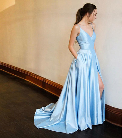 Blue v neck satin long prom dress, blue evening dress