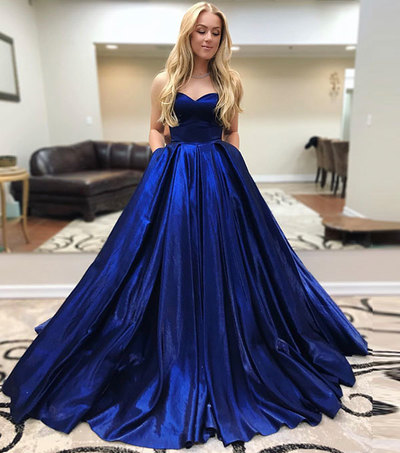 Blue sweetheart neck satin long prom dress, formal dress