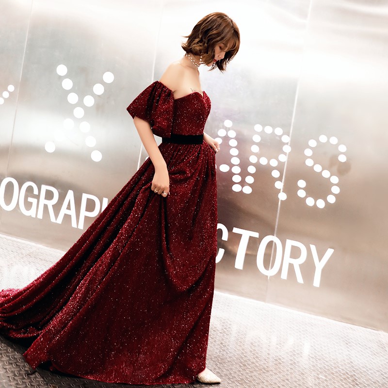 Burgundy sequins long prom dress, evening dress