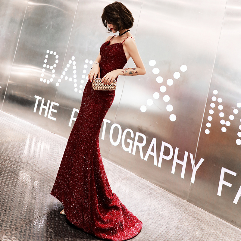 Burgundy sequins long prom dress, mermaid evening dress