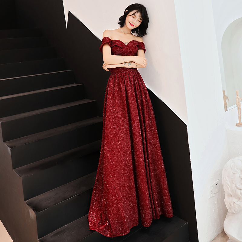 Burgundy v neck sequins long prom dress, evening dress