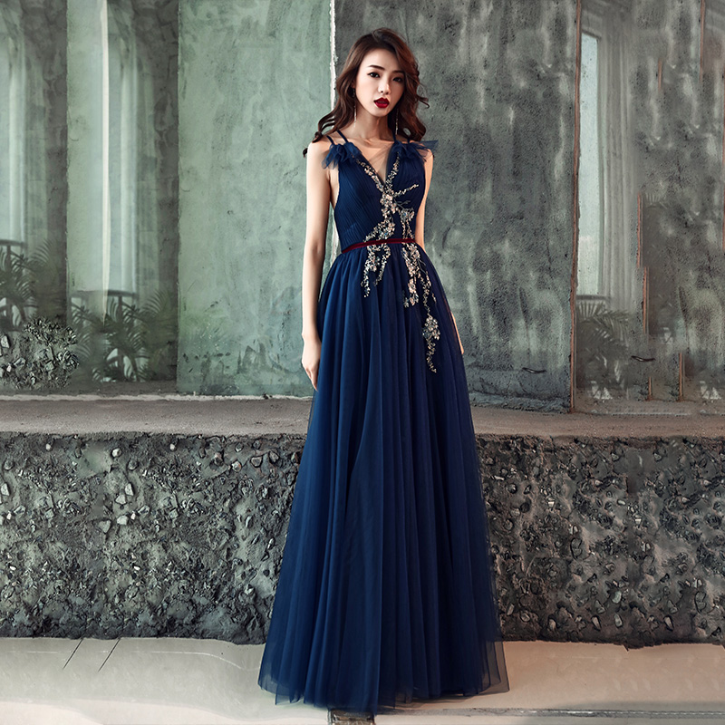 Dark blue v neck tulle long prom dress, blue evening dress