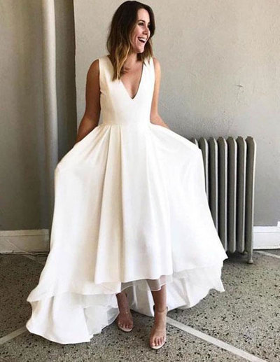 V Neck Hi Low Wedding Dress Bridal Gown