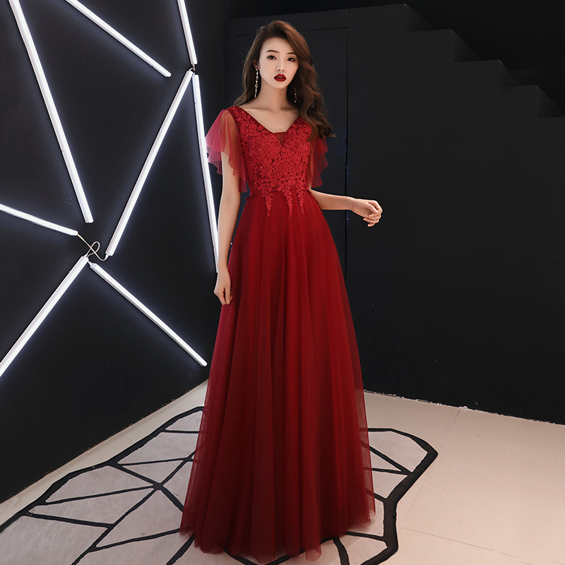 Burgundy v neck tulle lace long prom dress, evening dress