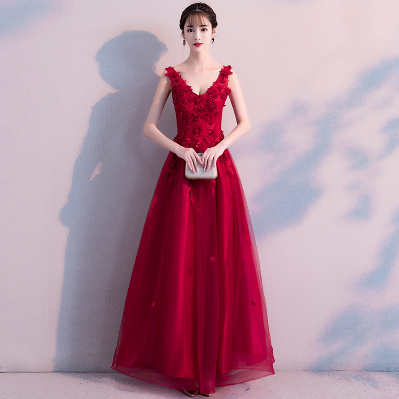 Burgundy v neck applique tulle long prom dress, evening dress