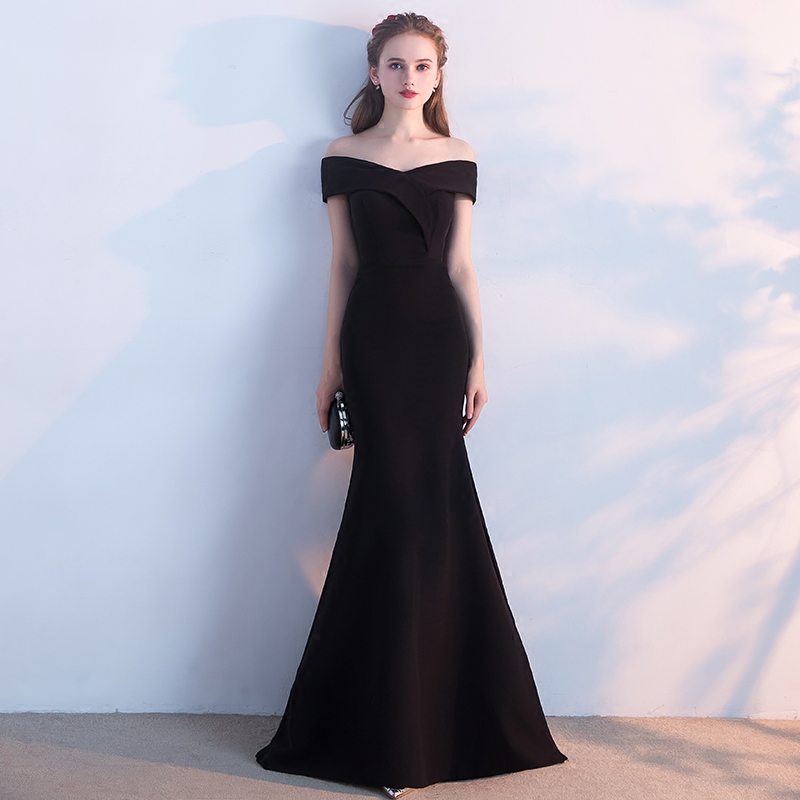 Simple black off shoulder long prom dress, evening dress