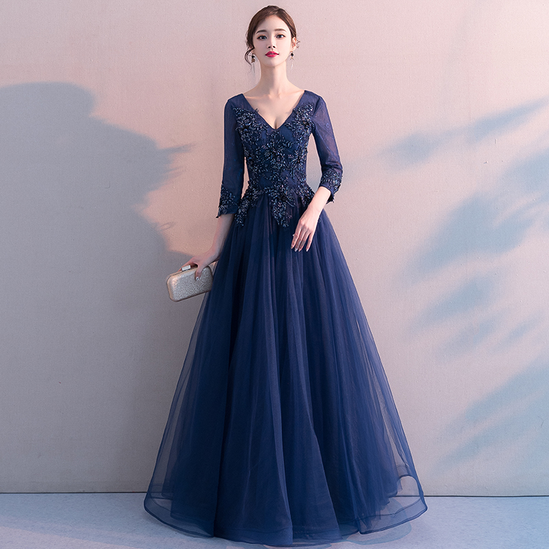 Dark blue v neck tulle lace long prom dress, evening dress